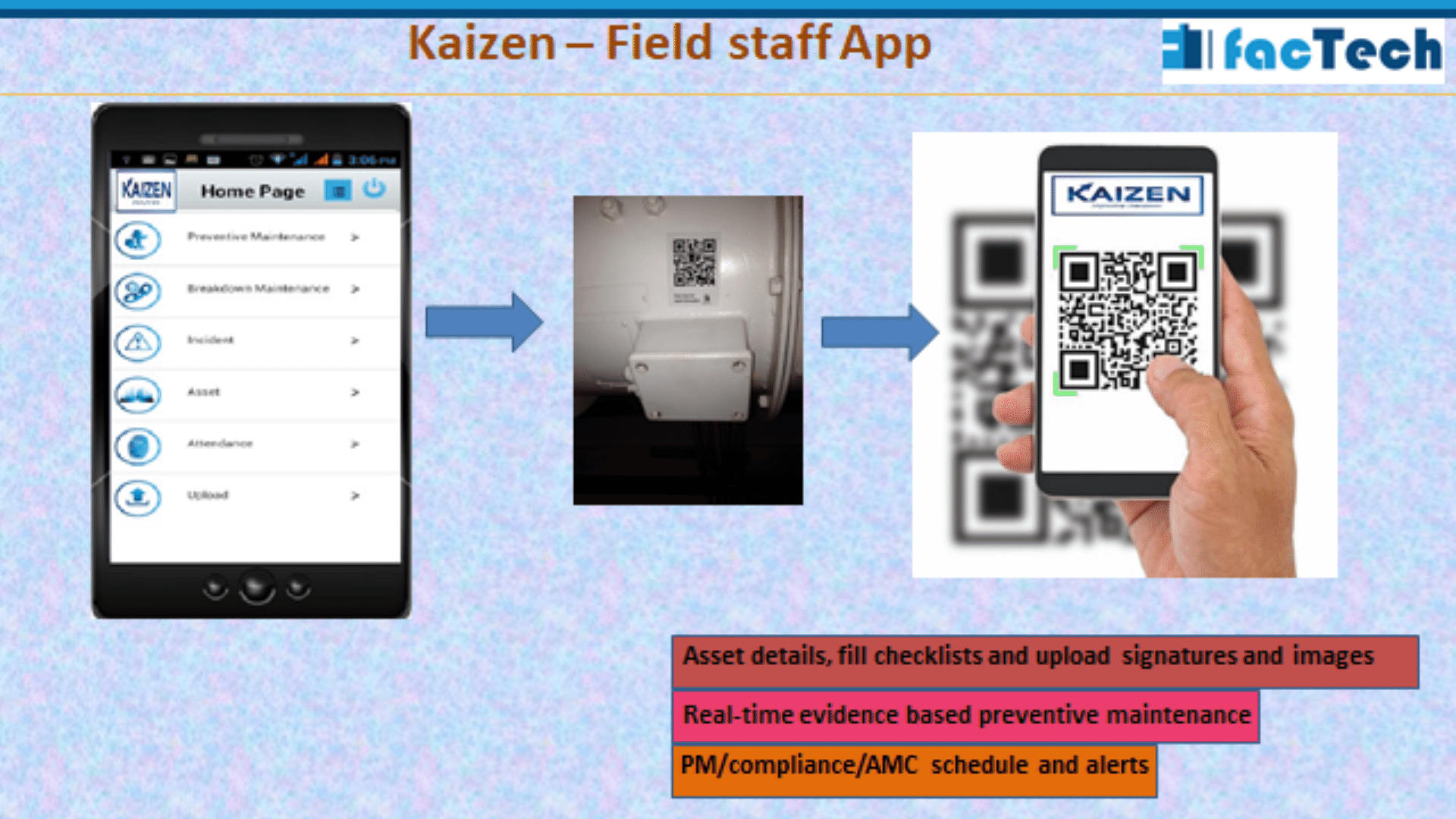 Technician staff scanning asset QR code and doing maintenance from mobile